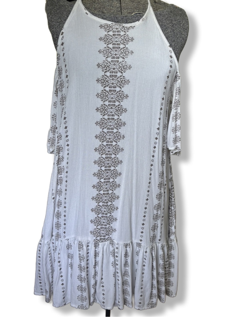 O’Neill White Boho Cold-Shoulder Sundress with Taupe Print